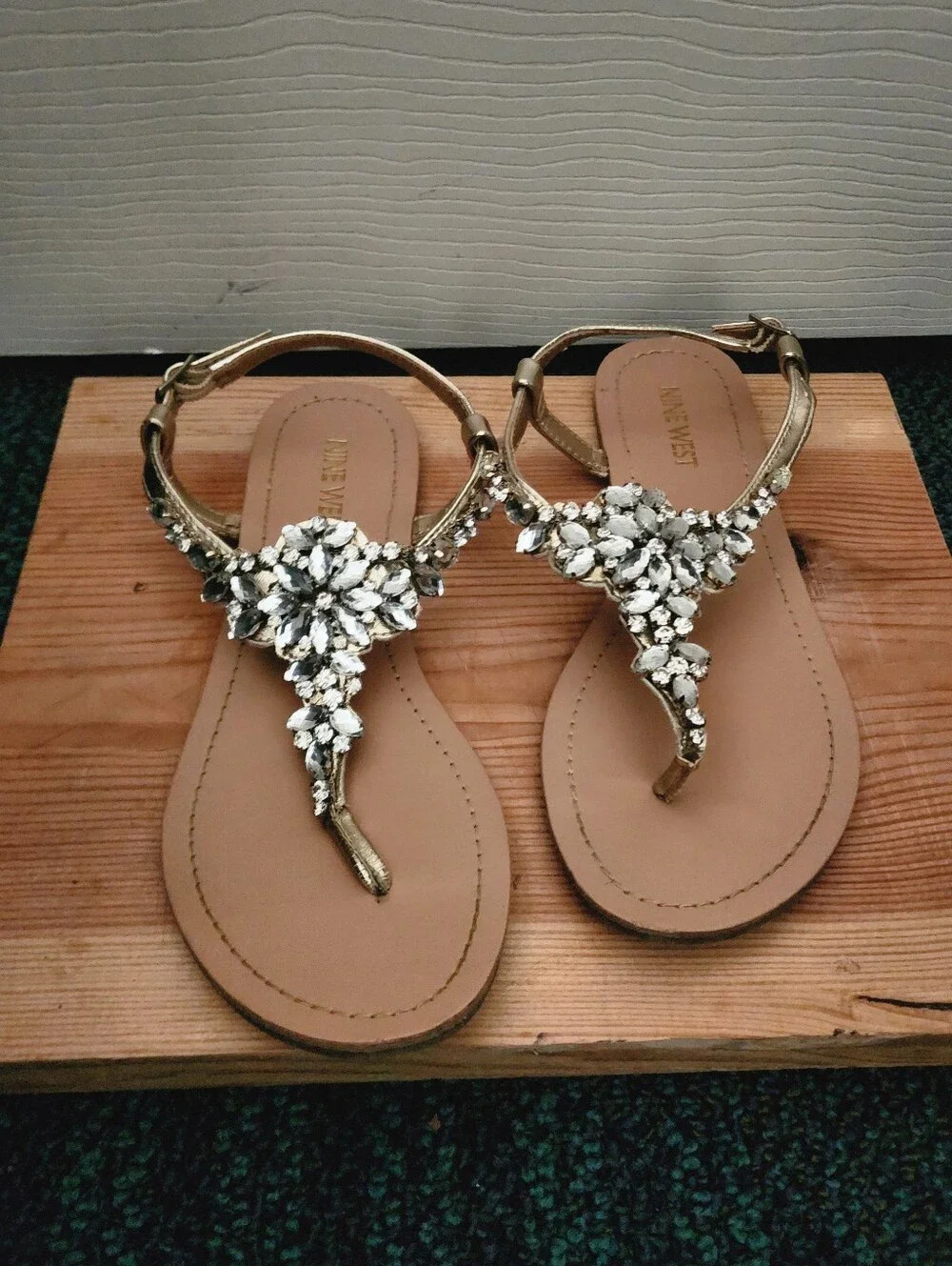 Embellished Gold T-Strap Sandals - Women